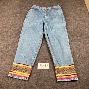 Vintage 90s Tapestry Trim Jeans Womens 31 Blue Good Boho Embroidered Made in HK